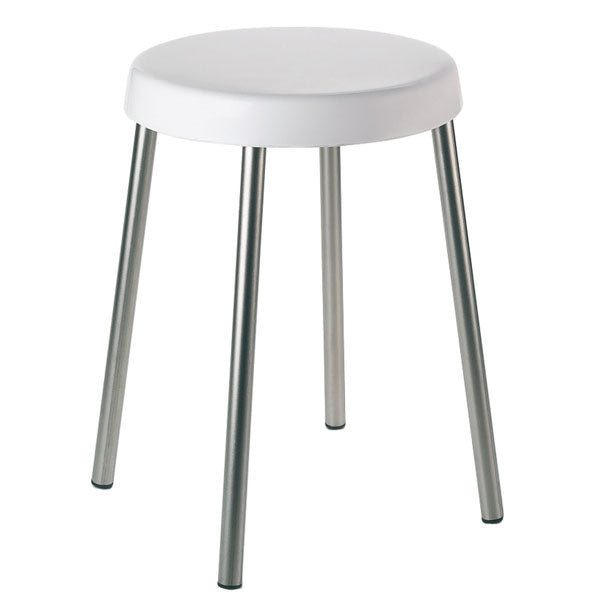 Rondo sgabello con gambe in metallo cromato.